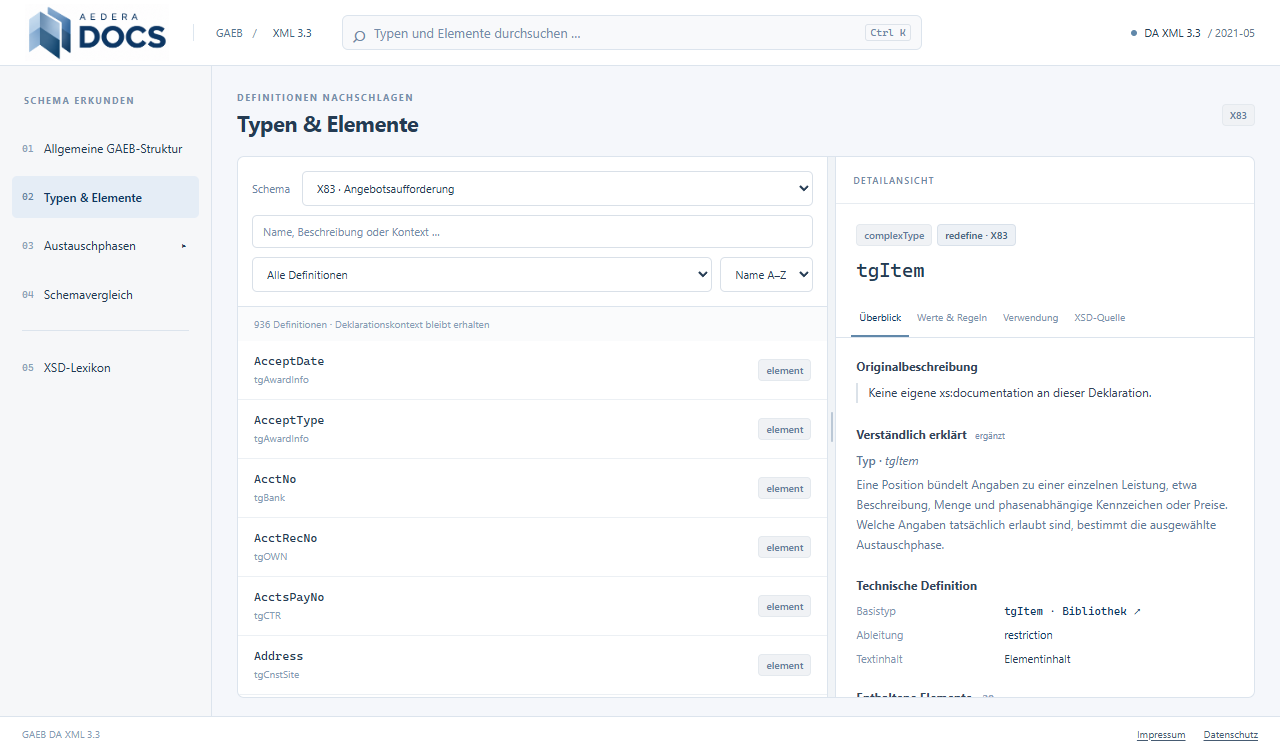 GAEB DA XML 3.3 mit Typenkatalog und der Definition einer Position in X83
